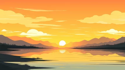 Poster beautiful view of sunset over lake wallpaper. A landscape of Sunset over lake. landscape with a lake and mountains in the background. landscape of mountain lake and forest with sunset in evening. © jokerhitam289