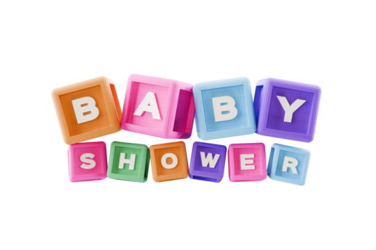 building block cubes spelling out baby shower, on transparent background