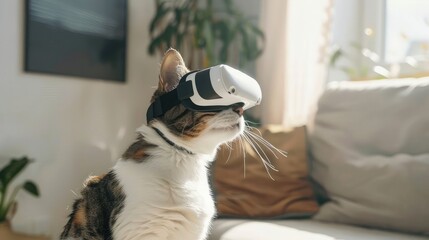 A young cheerful cat sits in a modern room, wearing a white VR virtual reality headset. daylight.