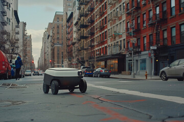 Autonomous delivery robot navigating on city streets. Urban transportation, futuristic courier service, artificial intelligence for logistics. Modern smart mobility
