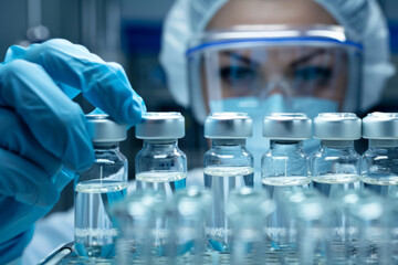 Medical Gloves Handling Test Tube Vials in Laboratory, Vaccine, Scientist - Generative AI