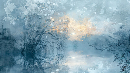 Stylized abstract art of a winter dawn in cool blues and whites. ,