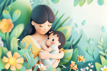 A mother with her sleeping child in her arms, surrounded by flowers and butterflies.