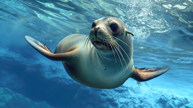 A sea lion swims underwater in a blue sea.