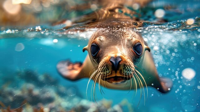 A sea lion swims underwater in a blue sea.