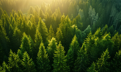 Aerial view of pine forest in the morning - obrazy, fototapety, plakaty