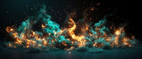 Abstract teal fire particles with embers and sparkson plain black background from Generative AI - obrazy, fototapety, plakaty