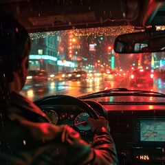 Immersive Visual Experience of a Cab Ride on a Rainy Night in a Brightly Lit City