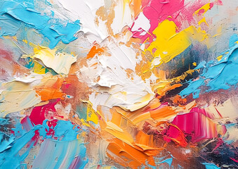 A painting of a colorful explosion of paint with a blue sky in the background. The painting is full of bright colors and has a sense of energy and movement