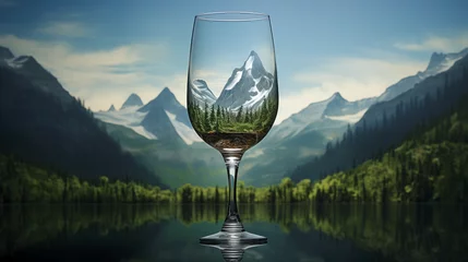 Fotobehang A glass chalice cradles liquid clarity, its base touching the earth. The blurred mountain landscape hints at ancient secrets--the birthplace of pristine water. Each drop, a memory of glaciers and alpi © Hasnain Arts