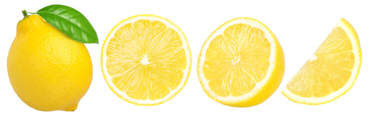 lemon fruit with leaves, slice and half isolated, Fresh and Juicy Lemon, transparent PNG, PNG format, cut out - obrazy, fototapety, plakaty