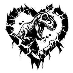 T-rex dinosaur breaks through a heart-shaped wall