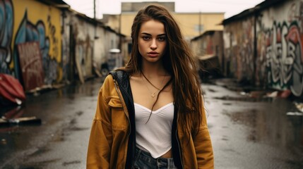 Beautiful young woman in a ghetto. - obrazy, fototapety, plakaty