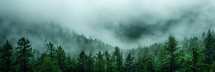 misty  forest with fog in the mountains, Misty landscape with fir forest in hipster vintage retro style. dark green Misty landscape with fir forest banner - 765743665