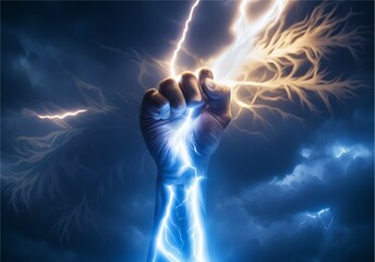 Hand holding up a lightning bolt. Energy and power. Stormy background. Blue glow. Zeus, thor. 