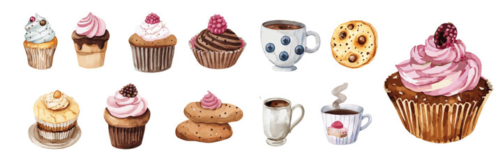 An assortment of beautifully painted watercolor desserts including cupcakes and cookies with coffee cups, perfect for a cozy caf&eacute; setting.
