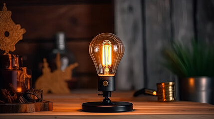 A light bulb hanging from the ceiling with a warm glow. The light bulb is lit up and the room is dimly lit