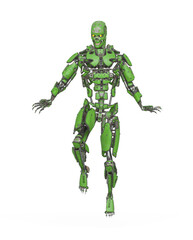 mega cyborg is floating and looking for action in white background