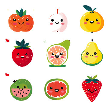 Nine cheerful cartoon fruit characters, each with a unique expression, set against vibrant colored backgrounds, perfect for educational and entertainment content.
