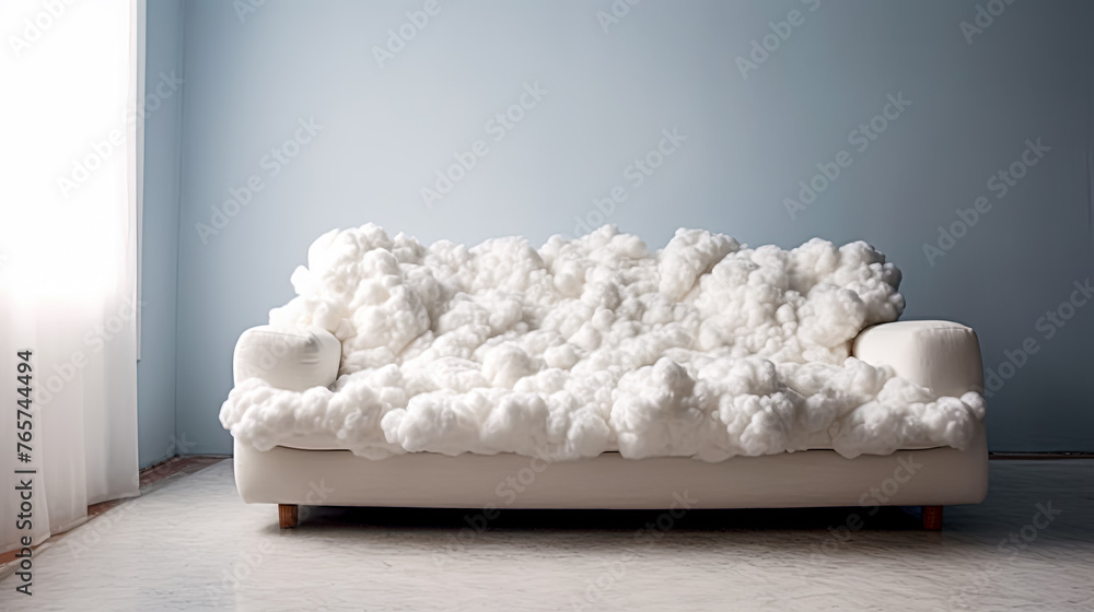Aufkleber a white couch with clouds on it sits in front of a window. the couch is covered in white foam and lo