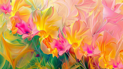 Fototapeta na wymiar Vibrant abstract art inspired by a spring garden in full bloom in pinks, yellows, and greens. ,