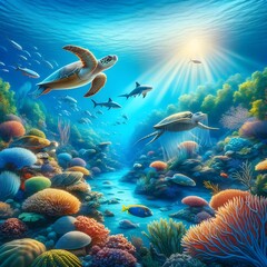 Fototapeta premium world ocean day or World Oceans Day, 8 June. Let's save our oceans. World oceans day design with underwater ocean, dolphin, shark, coral, sea plants, stingray and turtle.