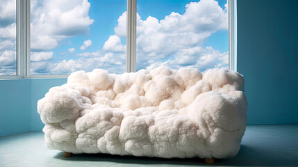 A white couch with clouds on it sits in front of a window. The couch is covered in white foam and looks like it's made of cotton balls - Powered by Adobe