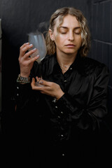 person with glass of water