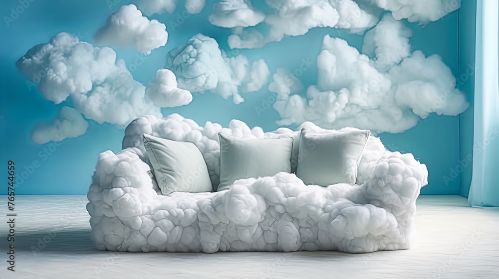 Aufkleber a white couch with clouds on it sits in front of a window. the couch is covered in white foam and lo