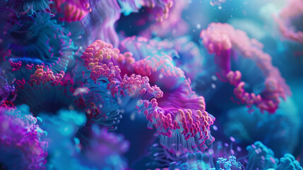 Vibrant abstract art mimicking a coral reef in bright blues and pinks. ,