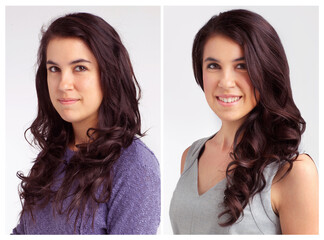 Transformation, woman and portrait with happiness for hair care with cosmetics, curly hairstyle and...