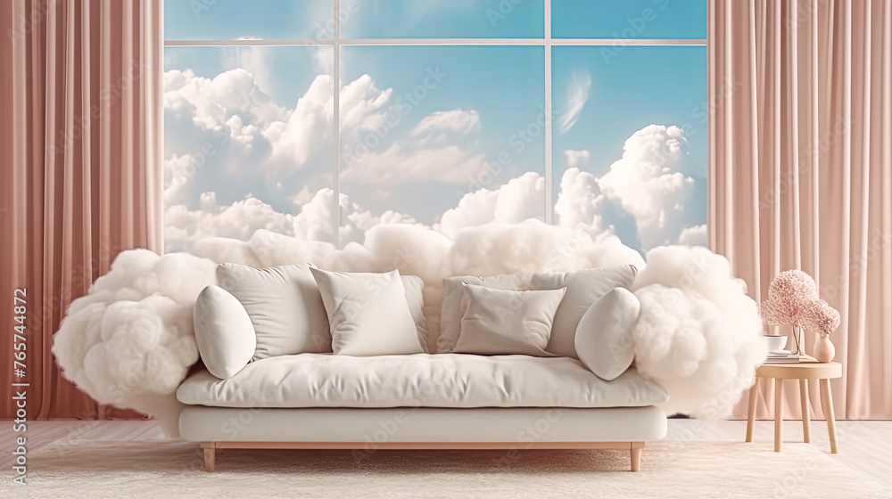 Poster a white couch with clouds on it sits in front of a window. the couch is covered in white foam and lo