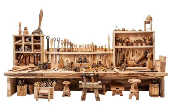 Inside a Woodworking Shop with Tools and Materials Isolated on Transparent Background.