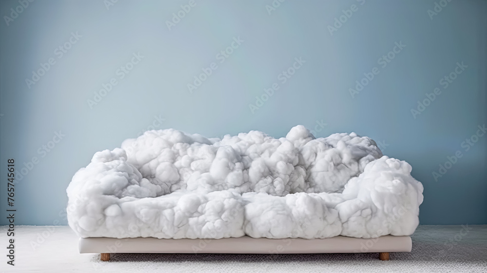 Poster a white couch with clouds on it sits in front of a window. the couch is covered in white foam and lo
