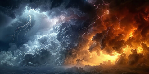 The dark clouds in the sky, lightning and thunder, storm  Weather background banner 