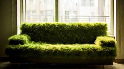 A green couch covered in fur sits on a grassy lawn. The couch is covered in green fur and he is a large, fluffy piece of furniture. Concept of comfort and relaxation, as the couch is inviting - obrazy, fototapety, plakaty