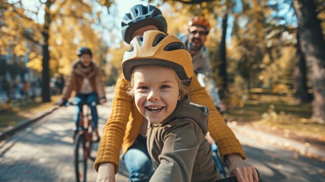 Capture the essence of a healthy lifestyle with an image of a smiling family enjoying outdoor activities like biking, in a scenic park. 