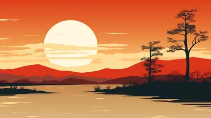 Poster Baksteen beautiful view of sunset over lake wallpaper. A landscape of Sunset over lake. landscape with a lake and mountains in the background. landscape of mountain lake and forest with sunset in evening.