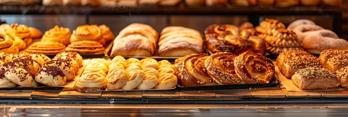 Foto op Plexiglas Assorted tasty pastry and bread arranged on tray selling at bakery shop © ryanbagoez