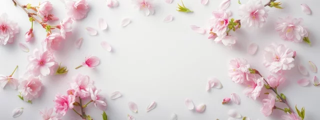 Fotobehang Frame with pink flowers on clear white background. Greeting card template for wedding, mothers or womans day. Springtime composition with copy space. Flat lay style © JovialFox