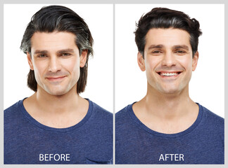 Transformation, happy man and hair before after in portrait for hairstyle, keratin or collagen...