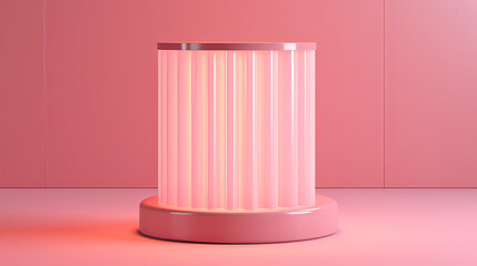 A chic and minimal pink pedestal in 3D, lit up with retro-style neon lights, elegantly positioned on a pastel pink background with a subtle shadow background Ai Generative