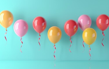 A 3D-rendered backdrop featuring a collection of colorful balloons, offering a playful and cute atmosphere with copy space