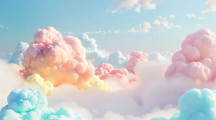 Photo sur Aluminium Bleu clair A 3D-rendered backdrop of fluffy clouds in pastel colors, offering a soft and cute setting with ample space for advertising