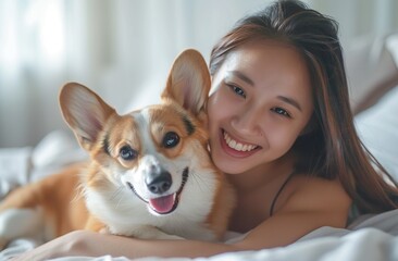 Happy corgi with owner, smiling and hugging