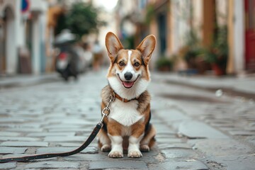 Happy corgi dog sitting in the street, looking in camera