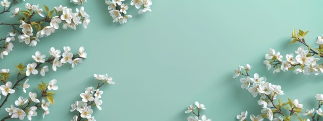 Banner with white flowers on a light green background. Greeting card template for Wedding, mothers or womans day. Springtime composition with copy space. Flat lay style