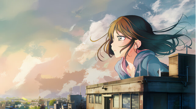 Emotive illustration of a woman looking at the sky from the rooftop - 1