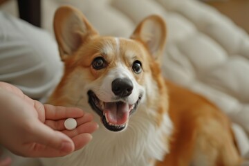 Сorgi sick dog recieving a medication in a pill, hand with a pill and a dog. owner giving a pill to a dog.