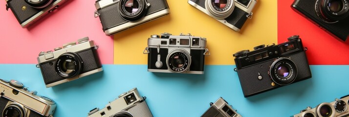A collection of vintage cameras on a colorful background, ideal for a photography-themed retro banner - obrazy, fototapety, plakaty